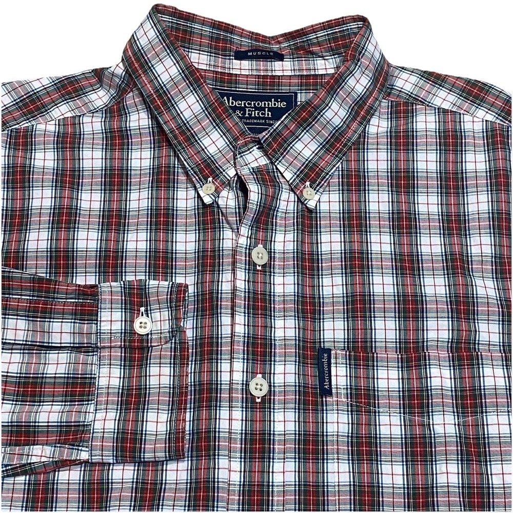 Abercrombie & Fitch Button Up Long Sleeve Shirt Mens L Red Muscle‎ Fit Academia